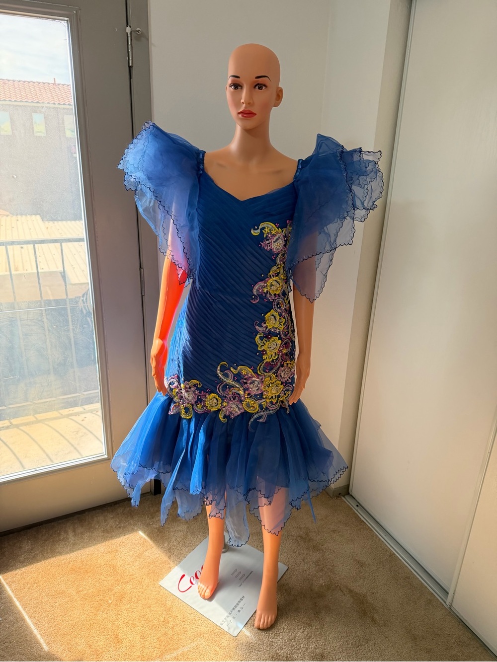 Vintage Blue Beaded Floral Ruffle Sleeve Prom Dress S/M